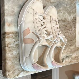 Veja White Leather Sneakers with Blush Accents